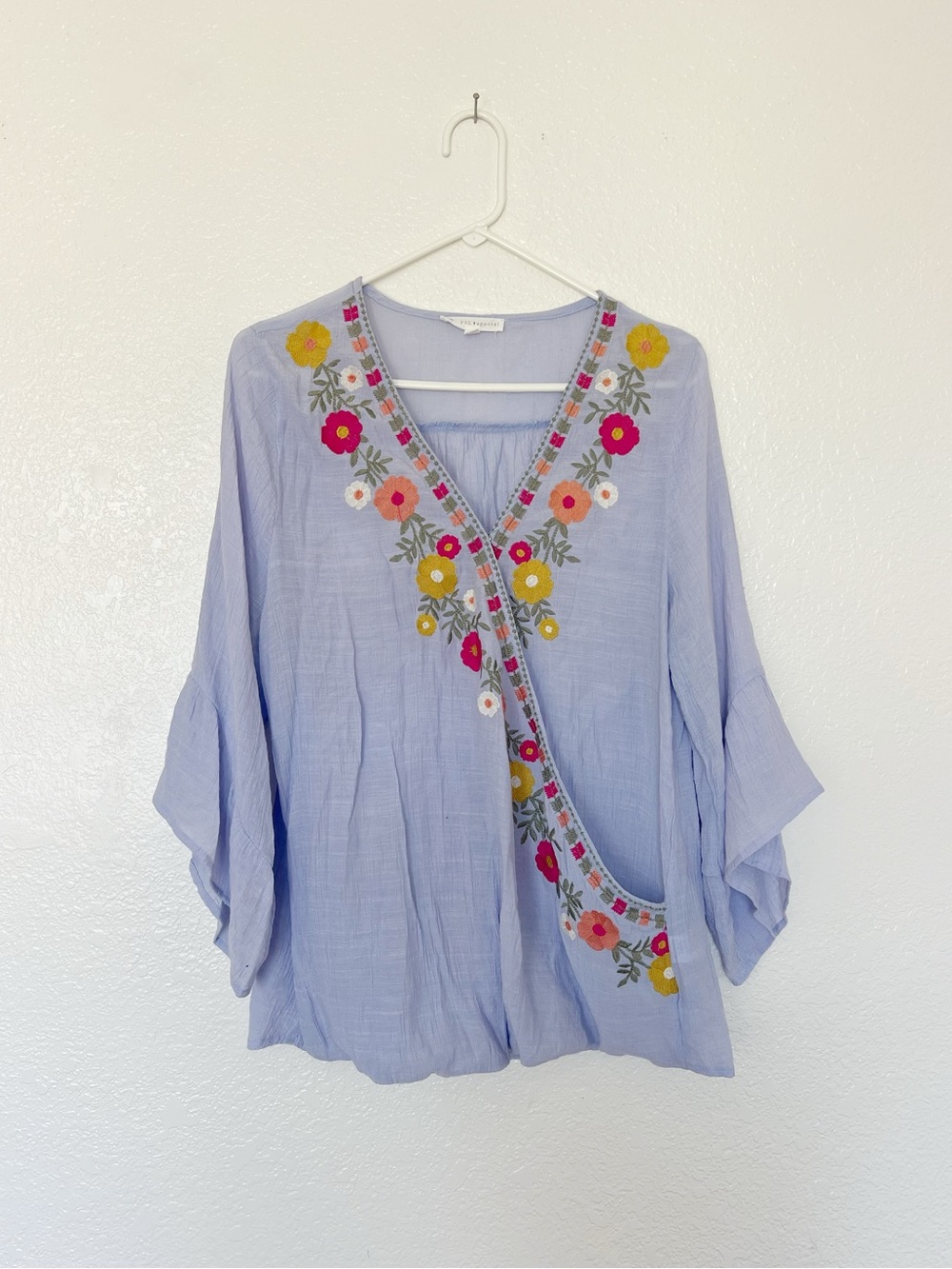 Embroidered V-Neck Peasant Blouse Light Blue Bell Sleeve Festival Top Shirt L